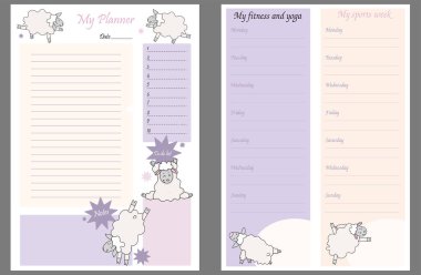 Güzel planlama şablonları - bir gün, bir hafta, yapılacaklar listesi, not tutulacak bir yer, ve haftalık spor programı ve yoga programı. Asya 'daki komik koyunlar, yoga hayvanları. Düzenleyici ve Zamanlama. Vektör. A4 mü? İzole edilmiş