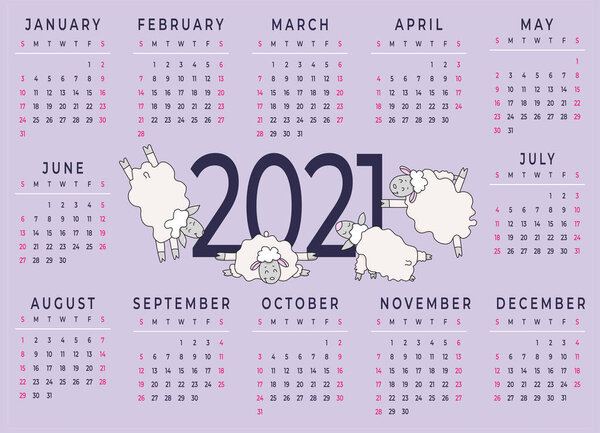 Calendar 2021. Horizontal template for a year - 12 months. Design - Yoga for pets. Cute funny Farm animals sheep are engaged in meditation and fitness. Planner, stationery, print. Vector. size A3
