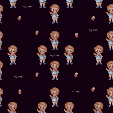 Kusursuz desenler. Sevimli erkek bebek. Tatlıya düşkün ve elinde dondurma olan siyah bir arka plan. Çocuk koleksiyonu. Suluboya. El çizimi. Çocuk tasarımı, ambalaj, giysi