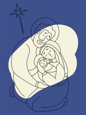 Mutlu noeller. Kutsal Aile Bakire Meryem ve Yusuf. Kurtarıcı İsa Mesih 'in doğumu. Kutsal gece ve Beytüllahim 'in yıldızı. Vektör. Çizgi, özet. Dini, aile tatili konsepti