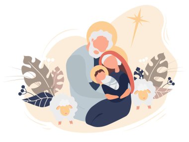 Mutlu noeller. Kurtarıcı İsa Mesih 'in doğumu. Bakire Meryem ve Yusuf Kutsal Aile, Beytüllahim 'in yıldızı ve tropikal yaprakları ve dekoru olan pembe arka planda koyun. Vektör illüstrasyonu