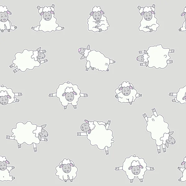 Seamless patterns. Yoga for animals. Sticker drawings of cute white sheep practicing meditation, standing asanas and sports . Vector on a gray background. For packaging, textiles, wallpaper
