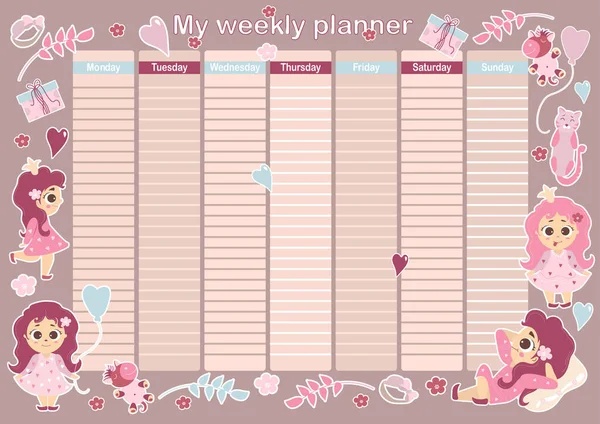 Mijn Weekplanner Schattig Wekelijks Dagelijks Schema Met Mooie Meisjes Prinsessen — Stockvector