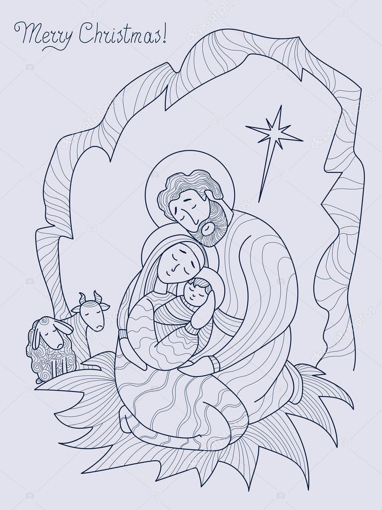 Merry Christmas. Virgin Mary, Joseph and baby Jesus Christ in cave, next to the a sheep. Holy night The birth of the Savior and the star of Bethlehem. Vector. Line, outline. Religious, family holiday