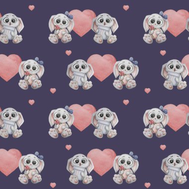 Kusursuz desenler. Sevimli hayvanlar. Birbirine aşık iki gri tavşan. Fiyonklu ve çiçekli bir kız ve pembe kalpli koyu mor bir arka planda patilerinde bir hediye olan bir oğlan. Suluboya. Romantik koleksiyon