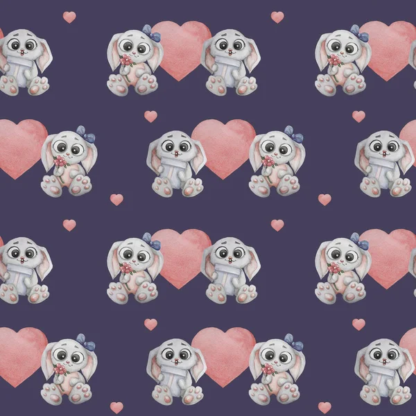 Seamless patterns. Cute animals. Two gray bunnies in love. Girl with a bow and a flower and a boy with a gift in his paws on a dark purple background with pink hearts. Watercolor. Romantic collection