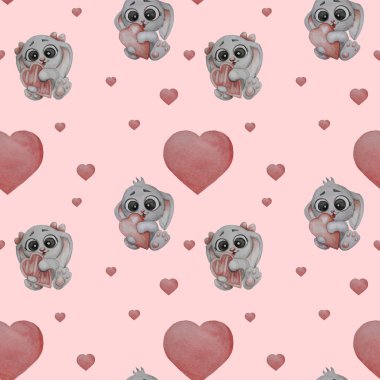 Kusursuz desen. Sevimli hayvanlar. Küçük sevimli tavşanlar. Bir kız ve kalpleri pembe bir arka planda pençelerinde bir kalp olan bir oğlan. Suluboya. El çizimi. Tatlı çocuk koleksiyonu. Romantik Sevgililer Günü