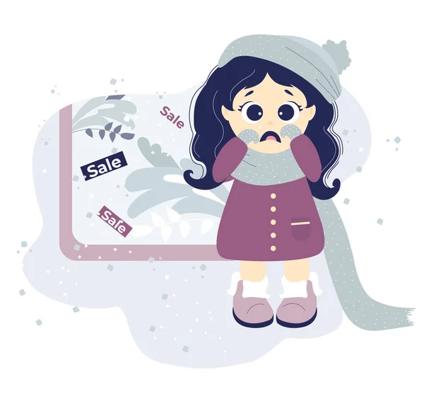 Shopping Upset Girl Winter Clothes Crying Shop Store Window Seasonal — Stock Vector