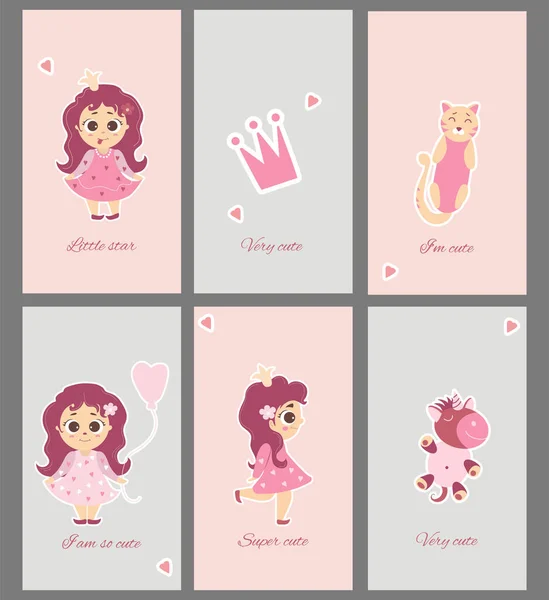 Kolekcja Cute Baby Cards Zestaw Kartek Okolicznościowych Małymi Księżniczkami Dziewczynami — Wektor stockowy