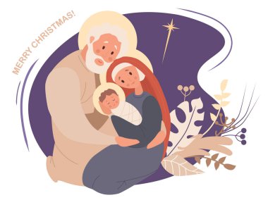 Mutlu noeller. Bakire Meryem, Yusuf ve bebek İsa. Kurtarıcı, Kutsal Aile ve Beytüllahim yıldızının tropikal dekorlu mor bir arka planda doğuşu. Vektör illüstrasyonu