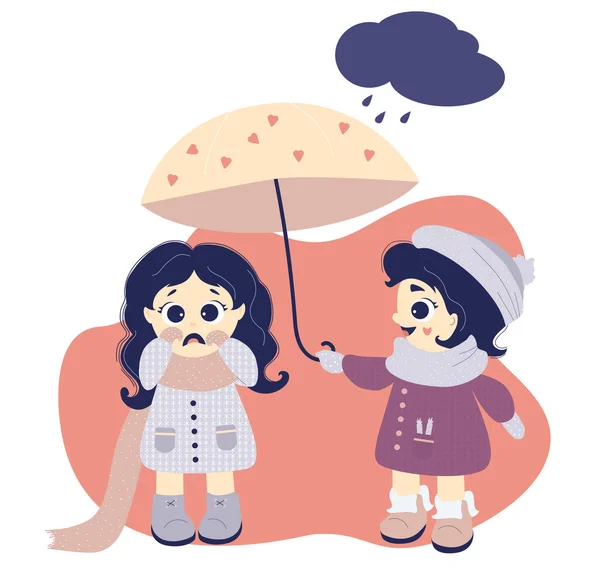 Flickan gömmer en gråtande flicka under ett paraply. Begreppet ömsesidigt bistånd och vänlighet. Barn i vinterkläder - hatt, halsduk, rock och stövlar i bakgrunden. Vektor — Stock vektor