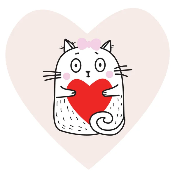 Linda chica divertida gato blanco con un corazón rojo en sus patas en el fondo de un corazón rosa. Ilustración vectorial. Para diseño, decoración, tarjetas de San Valentín — Vector de stock