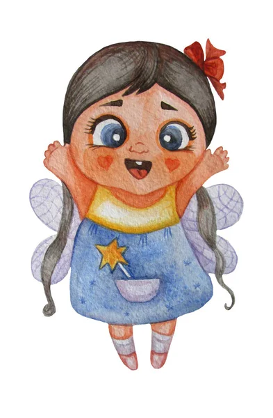 Kinderen illustraties. Een schattig en lachend klein feeënmeisje met een kapsel en een rode strik, met vleugels en een toverstaf in haar zak. Aquarel. Handtekening. Geïsoleerd op witte achtergrond — Stockfoto