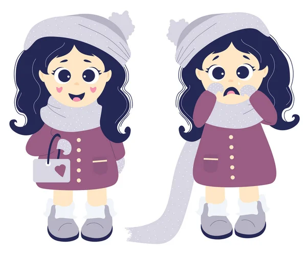 Des émotions. Deux filles - Joyeuses et tristes pleurs. Petits enfants en vêtements d'hiver - un chapeau, une écharpe, un manteau et des bottes sur fond blanc. Vecteur. Design plat. Collection pour enfants — Image vectorielle