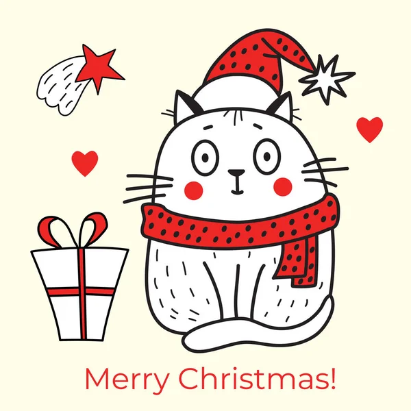 メリークリスマス。赤い帽子の猫とギフトとクリスマスの星のスカーフでグリーティングカード。ベクトル。ライン、ストローク。かわいいスケッチ — ストックベクタ