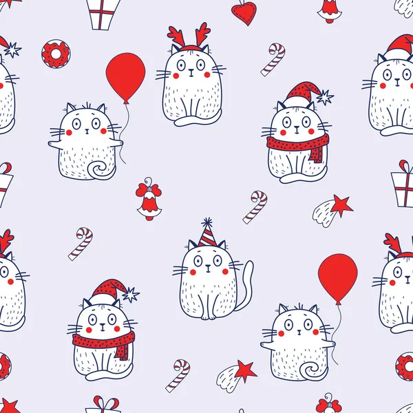 Seamless patterns. Festive white cats with a balloon, a hat with antlers, a Santa hat with a Christmas decoration - a star, a bell and caramel. Vector illustration on a gray background