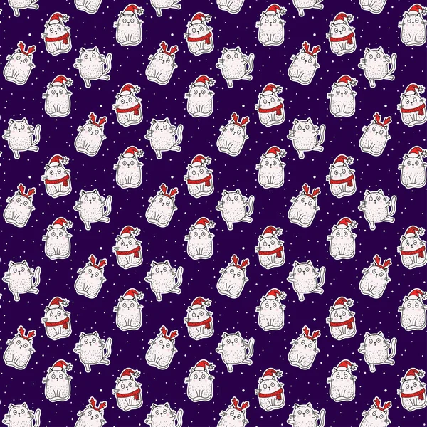 Modelli senza soluzione di continuità. Bianco simpatici gatti in un cappello con corna, in un cappello di Babbo Natale, in una sciarpa su sfondo blu con fiocchi di neve bianchi. Illustrazione vettoriale. Natale festivo e Capodanno design e arredamento — Vettoriale Stock