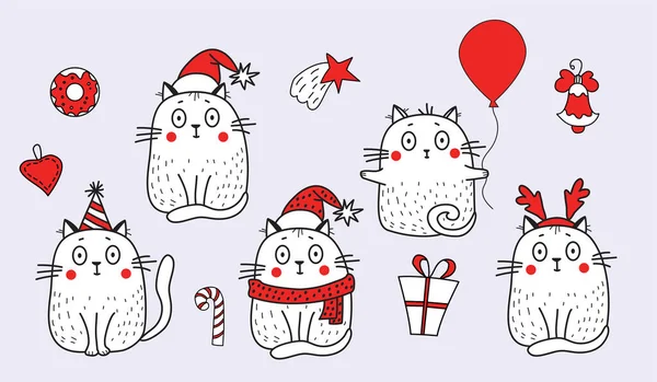 El juego de los gatos blancos en la ropa de fiesta, en el sombrero de Papá Noel, el sombrero con los cuernos, la gorra de cumpleaños, con el globo y los objetos para la Navidad - la estrella, la campana, el regalo y los dulces. Ilustración vectorial — Archivo Imágenes Vectoriales