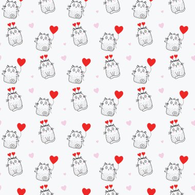 Kusursuz desenler. Tatil, kırmızı balonlu sevimli kediler ve pembe kalpli beyaz arka planda kalp şeklinde boynuzlar. Vektör. Çizgi çizme. Tatil ve sevgililer günü için.