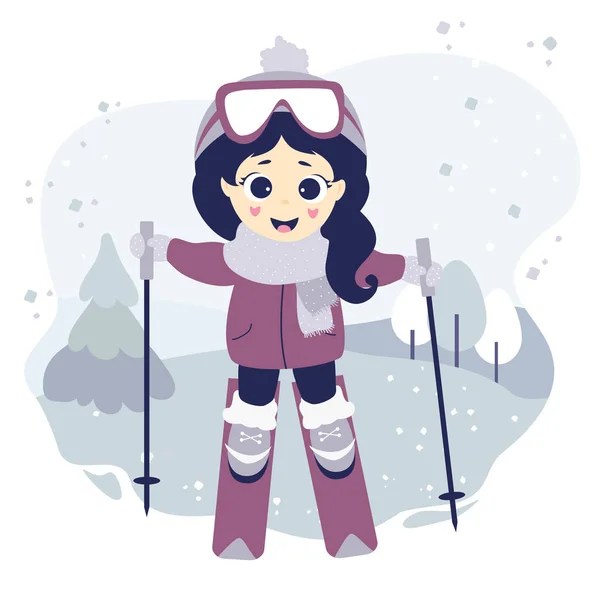 ウィンタースポーツ かわいい女の子は冬の風景 木や雪と装飾的な背景でスキーです ベクトルイラスト 隔離されてる 子供たちのコレクション 平面設計 — ストックベクタ