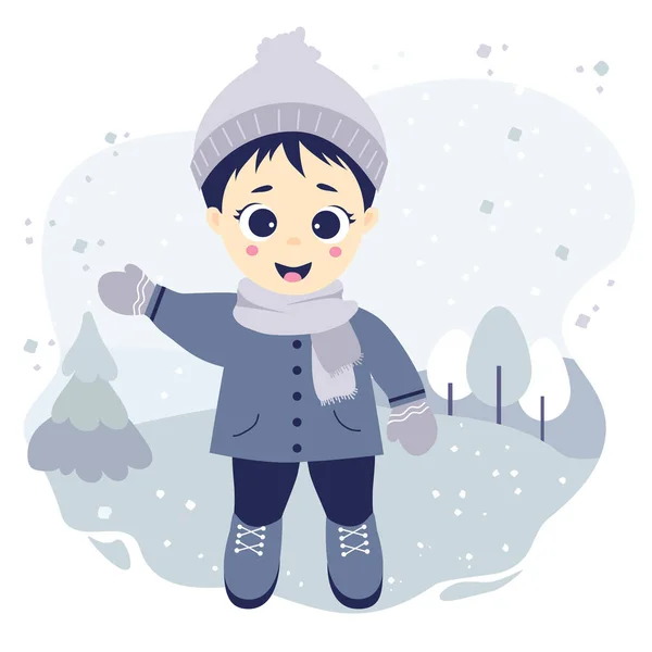 Kids Winter Happy Boy Stands Waves His Hand Background Winter — Stock Vector