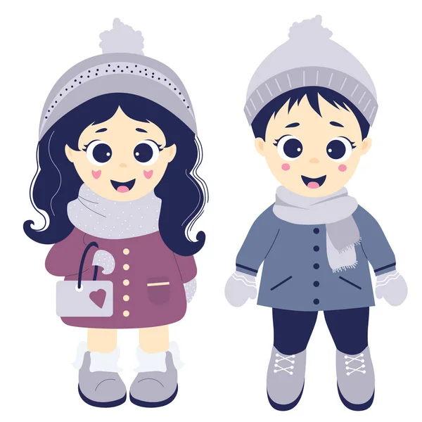 Kids Winter Couple Children Boy Girl Winter Clothes Hat Scarf — 图库矢量图片