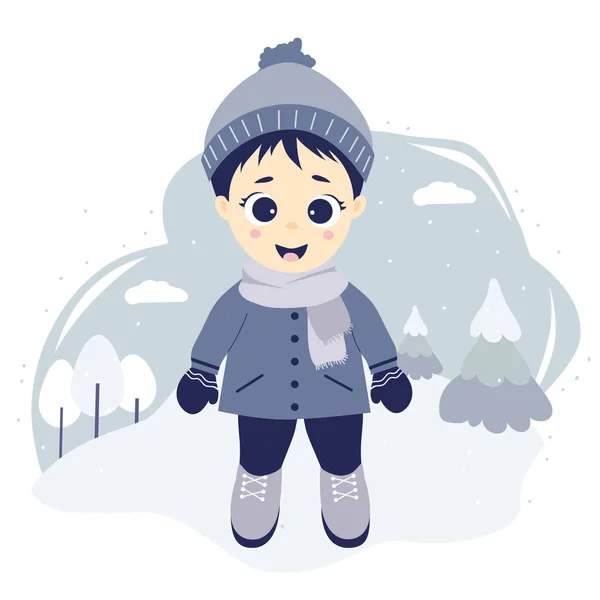 Inverno Crianças Menino Feliz Passeio Inverno Natureza Fica Fundo Azul — Vetor de Stock