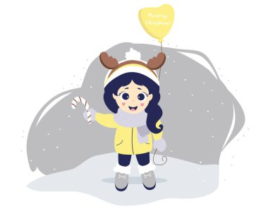 Çocuklar kışı. Kafasında geyik boynuzları ve balonu olan tatlı bir kız gri bir arka planda kar altında duruyor. Baloda bayram için tebrik mesajı var - Mutlu Noeller. Vektör