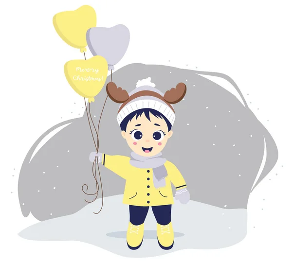 Kids Winter Cute Boy Deer Antlers Balloons Stands Gray Plan — 图库矢量图片