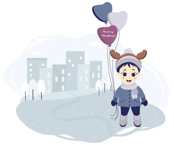 Kids Winter Boy Deer Antlers Balloons City Stands Background Houses — 图库矢量图片