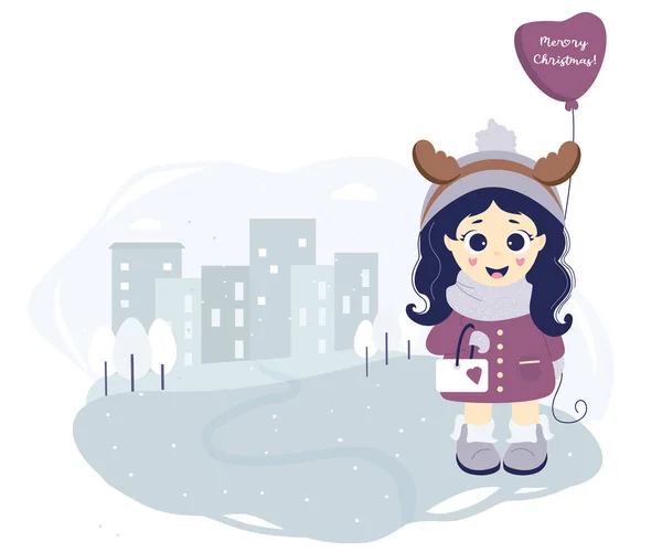 Kids Winter Girl Deer Antlers Her Head Balloon Stands Backdrop — 图库矢量图片