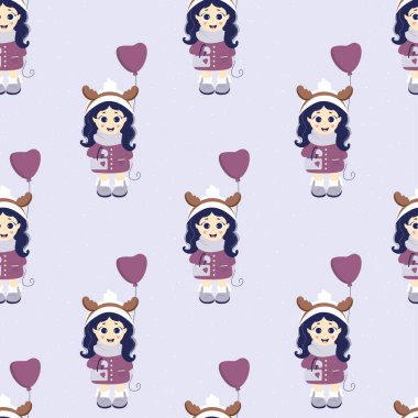 Çocuklar kış. Kusursuz desenler. Elinde balon, elinde torba, kafasında geyik boynuzları açık gri arka planda kışlık giysiler olan tatlı bir kız. Vektör çizimi. Noel tasarımı için