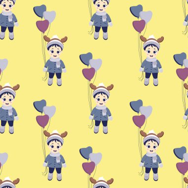 Çocuklar kış. Kusursuz desenler. Tatil - kafasında geyik boynuzları ve sarı arka planda balonları olan bir çocuk. Vektör çizimi. Noel ve kış tasarımı için