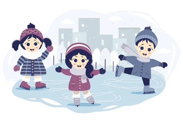 Kids Winter Boy Two Girls Skating Skating Rink City Blue — 图库矢量图片