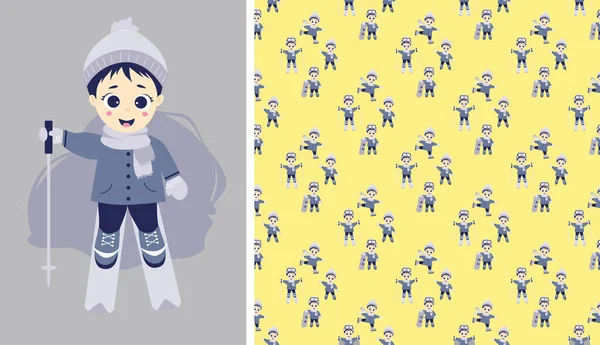 Kids Winter Seamless Patterns Postcard Boy Skier Children Ice Skating — 图库矢量图片