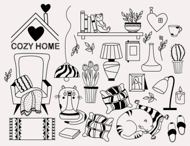 Rahat bir ev. Bir takım karalamalar - vazoların arkasından dışarı bakan bir kedi, yastıkta uyuyan bir kedi, bir kitaplık ve bir oyuncak ayı, battaniyeli bir koltuk, saksılar, lamba ve kurabiyeler. Vektör, özet