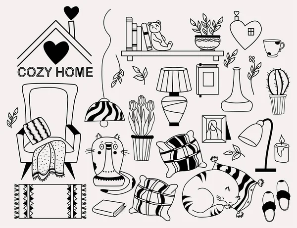 Cozy Home Set Doodles Cat Looking Out Vases Cat Sleeping — Stock Vector