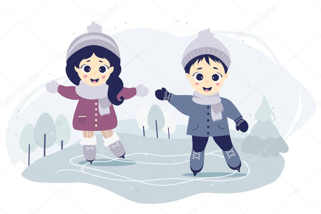 kids winter. Boy and girl ice skating on a skating rink on a blue background of a forest landscape with trees and Christmas trees. Winter sport. Vector illustration. Collection for design, postcards