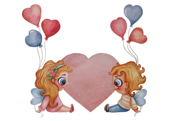 可爱的明信片 孩子们 天使们 一个女孩和一个拿着气球和心脏的男孩坐在对面 水彩画为情人节礼物 封面设计手绘白色背景 — 图库照片