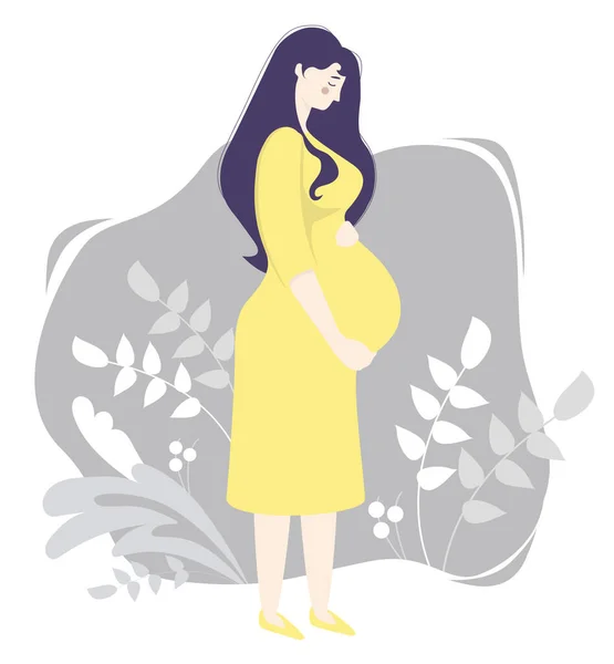 黄色のドレスで完全な成長で幸せな妊婦 優しく彼女の腹を抱擁 枝や植物で飾られた灰色の背景に立っています ベクターイラスト — ストックベクタ