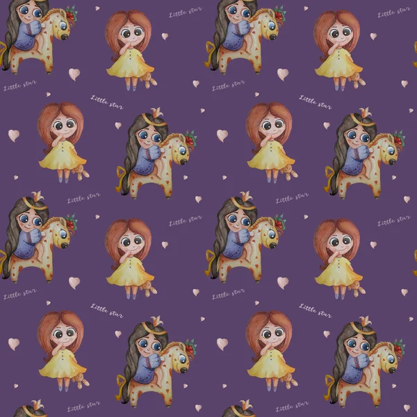 Cute Kids Collection Seamless Pattern Little Princess Unicorn Horse Girl — Stock Photo, Image