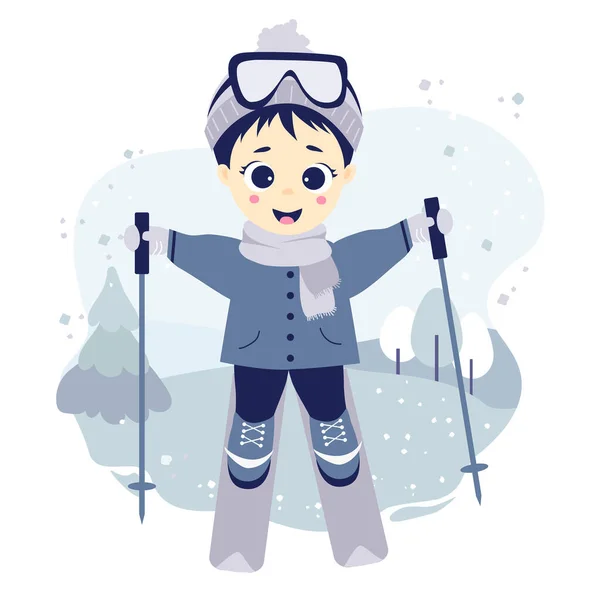 Winter sport. Boy athlete skiing on a decorative background with a winter landscape, trees and snow. Photo, raster. Childrens collection. Flat design — Stock Photo, Image