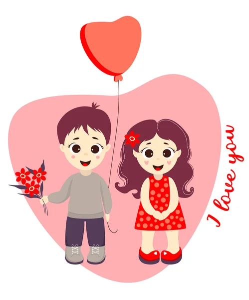 情侣-一个男孩，有一束花，一个气球和一个可爱的女孩背对着心脏的背景。短信-我爱你。情人节的照片，设计，明信片和印刷品 — 图库照片