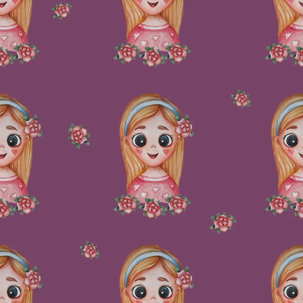 Naadloze patronen. Mooi blond met een kapsel en een glimlach en roze bloemen op een paarse achtergrond. Aquarel. Leuke illustratie Man en bloem patroon — Stockfoto