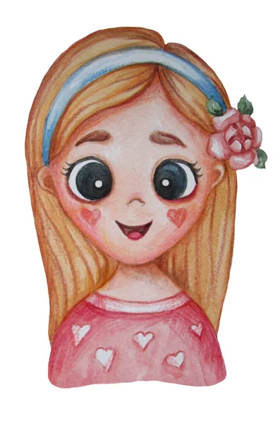 Schattig blondje met lang haar met een lint en een rode roos met een glimlach en in roze kleren met hartjes op een witte achtergrond. Aquarel. Handtekening — Stockfoto