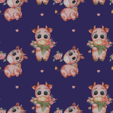 Kusursuz desenler. Kırmızı gül ve mavi arka planda bir buket lale olan küçük kemirgenler. Suluboya. Çocuk koleksiyonu, tekstil, tasarım, dekor için sevimli bir hayvan resmi