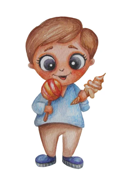 Roztomilé Dítě Sladký Zubař Karamelem Zmrzlinou Rukou Dětská Ilustrace Akvarel — Stock fotografie