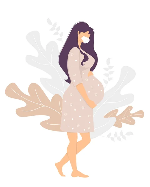 Mutterschaft Glückliche Schwangere Medizinischer Maske Steht Auf Und Umarmt Ihren — Stockvektor