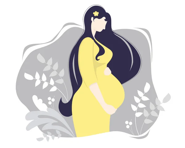 Maternitate Femeie Gravidă Fericită Într Rochie Galbenă Îmbrățișându Burta Mâinile — Vector de stoc
