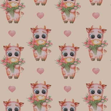 Kusursuz desenler. Açık pembe arka planda kalpleri olan bir buket lale taşıyan küçük bir boğa. Suluboya. Çocuk koleksiyonu, sevgililer günü kartı, tekstil, tasarım, dekor ve ambalaj için el çizimi sevimli hayvanlar